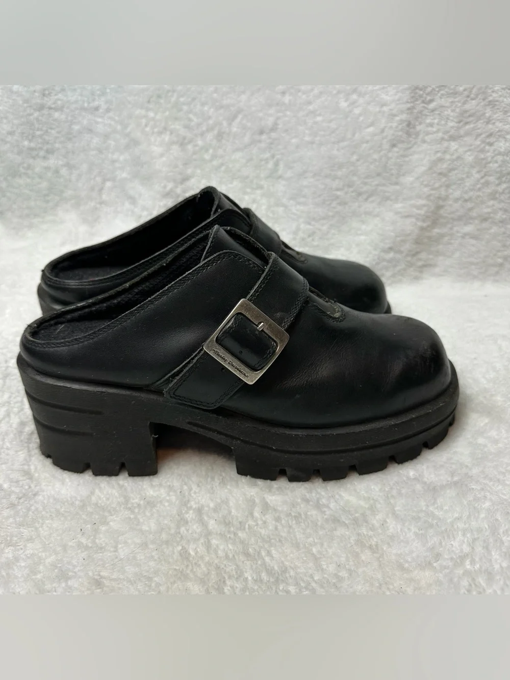 Harley-Davidson Black Leather Platform Clogs Mules Lug Sole Women’s Size 9